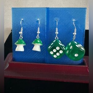 Green Mushroom and Dice Resin Earrings - Cute Pair